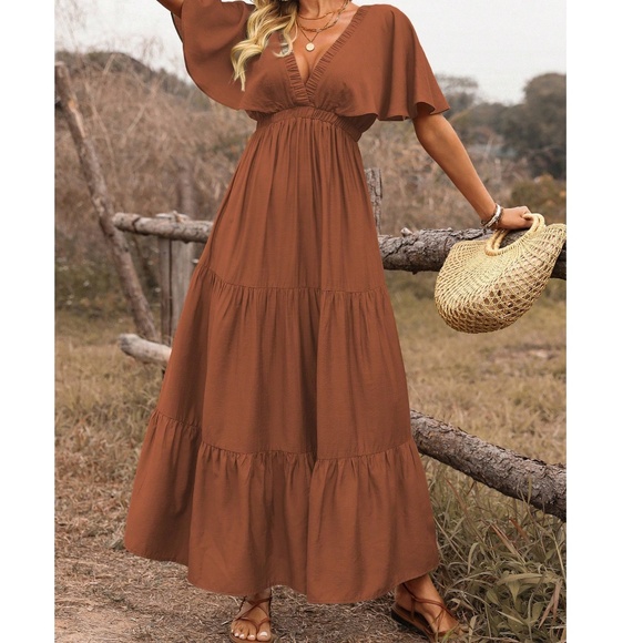 Boho V neck Butterfly Sleeve Stretchy Waist Maxi Dress - Picture 7 of 11